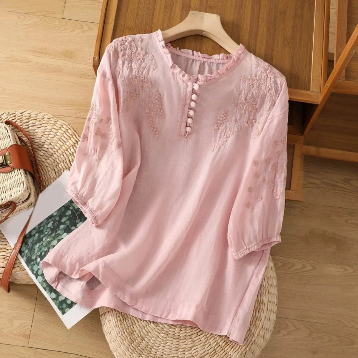 Women's Blouse | Embroidered Ruffle Neck with Puff Sleeves