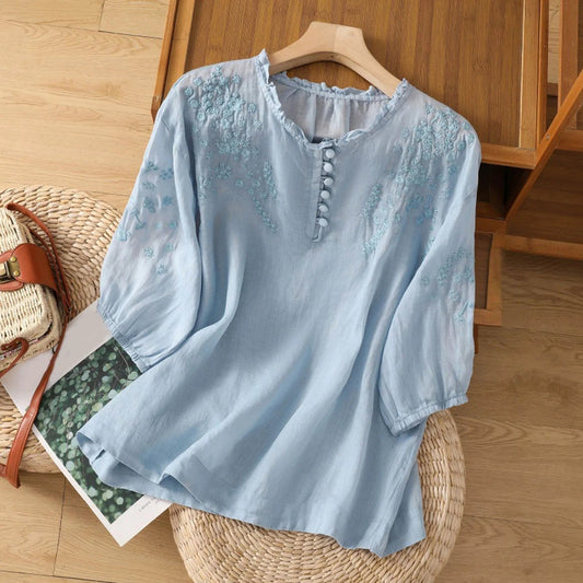 Women's Blouse | Embroidered Ruffle Neck with Puff Sleeves