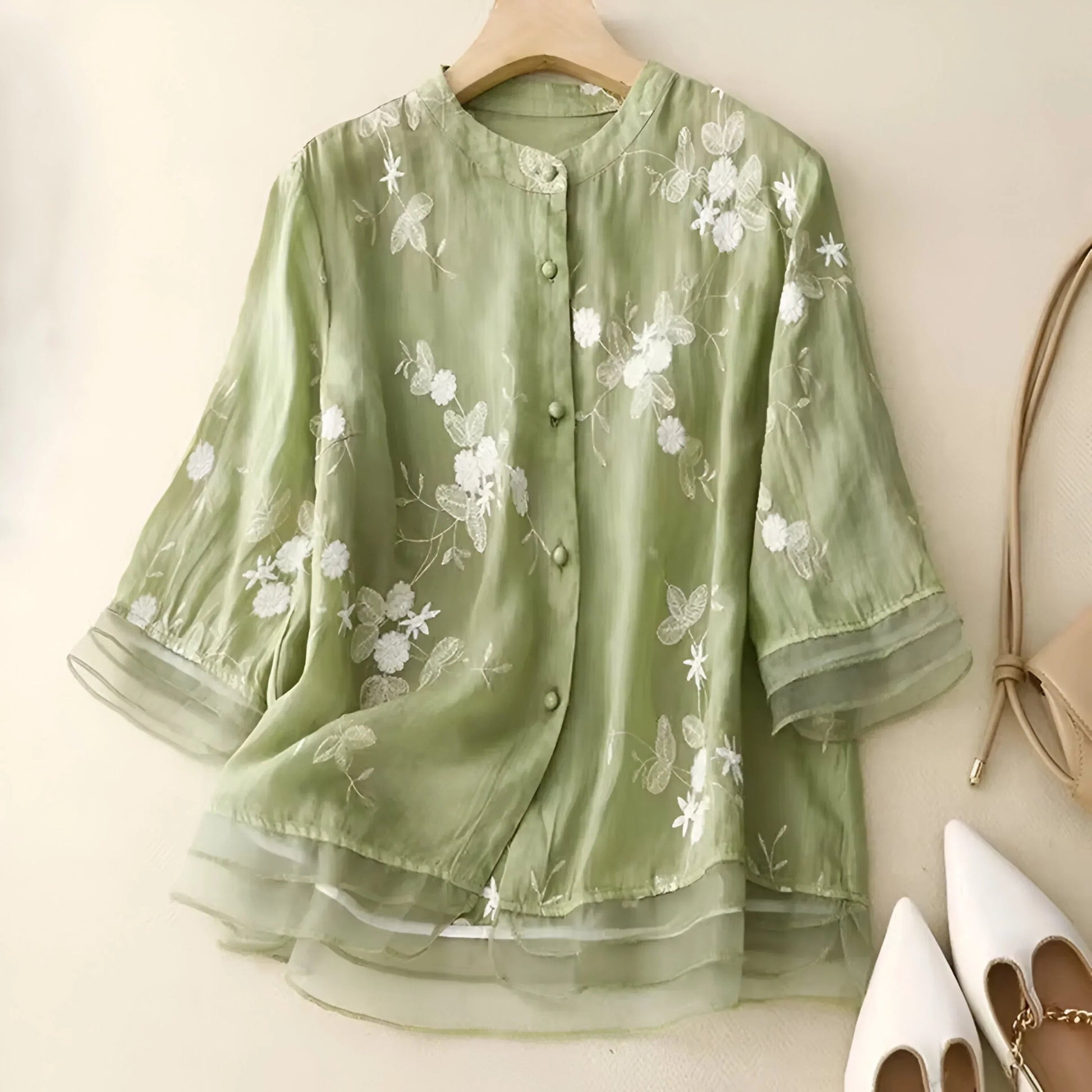 Women's Blouse | Floral Embroidery & Sheer Flared Sleeves