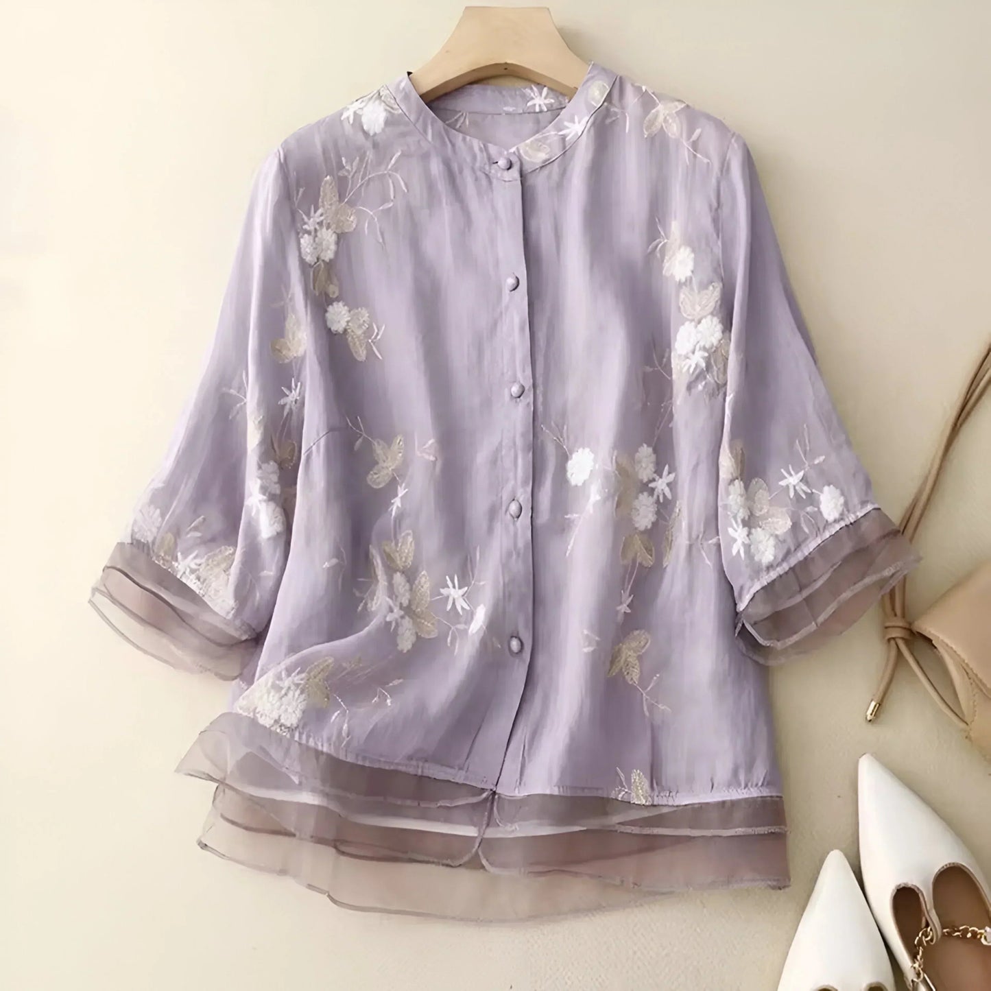Women's Blouse | Floral Embroidery & Sheer Flared Sleeves