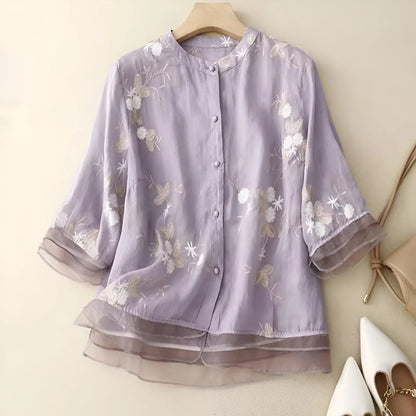 Women's Blouse | Floral Embroidery & Sheer Flared Sleeves