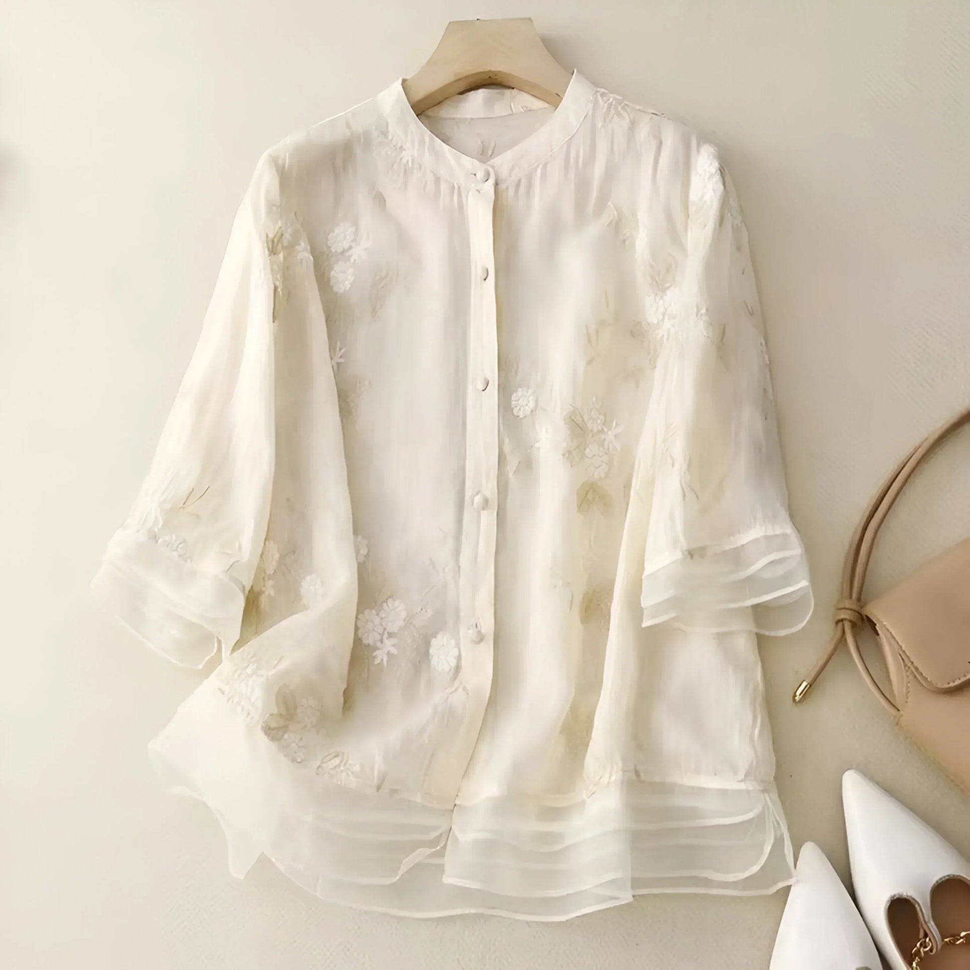 Women's Blouse | Floral Embroidery & Sheer Flared Sleeves