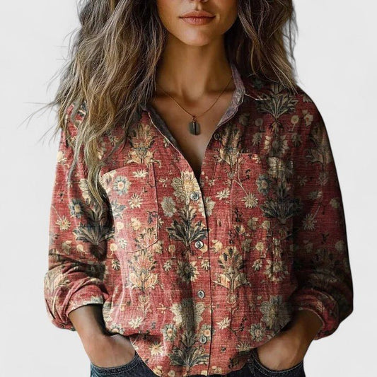 Women's Blouse | Folk Floral Button-Up with Chest Pockets