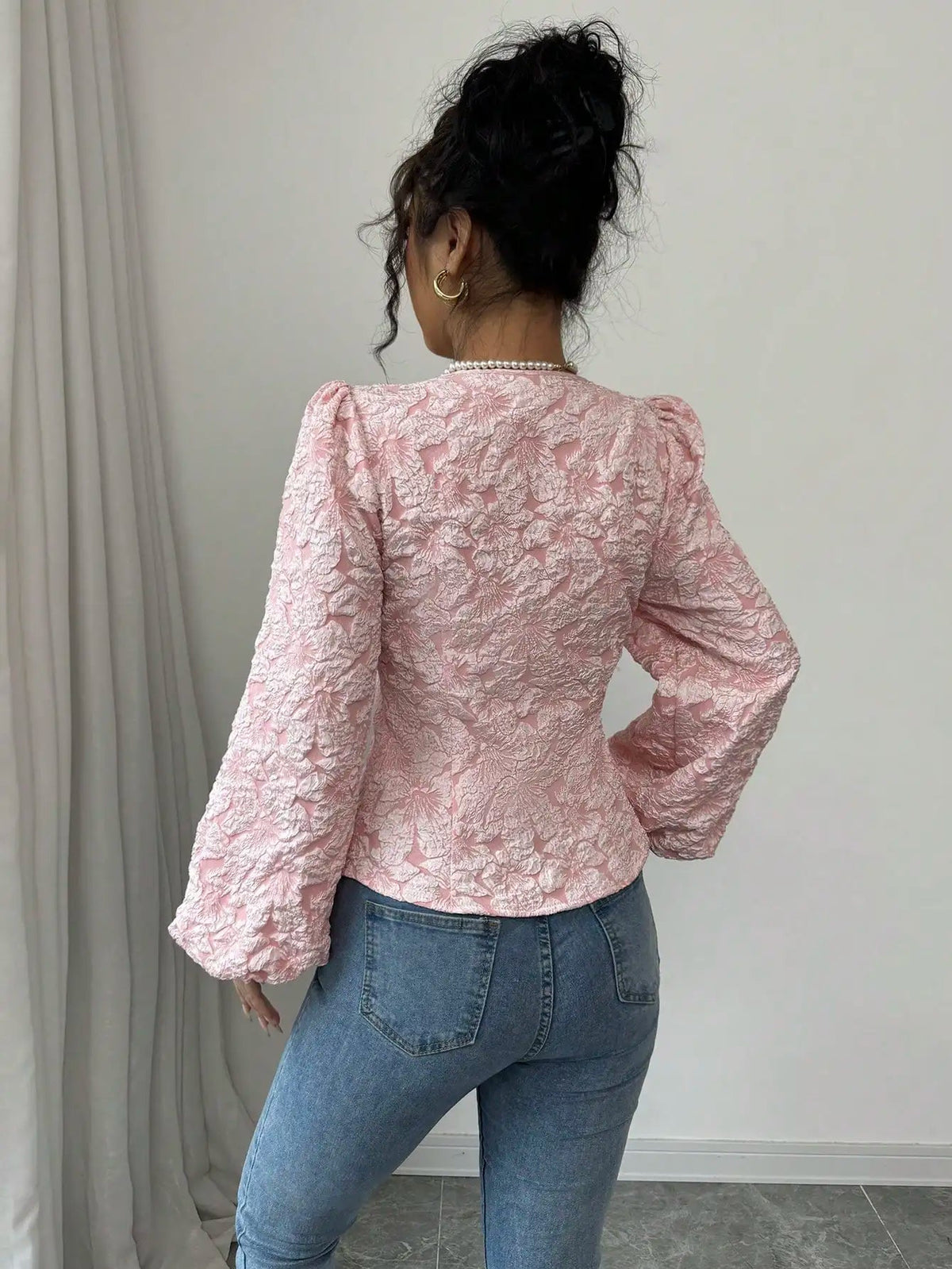 Women's Blouse | Jacquard Square Neck & Puff Sleeve Design