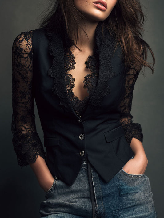 Women's Blouse | Lace Trim Blazer Design