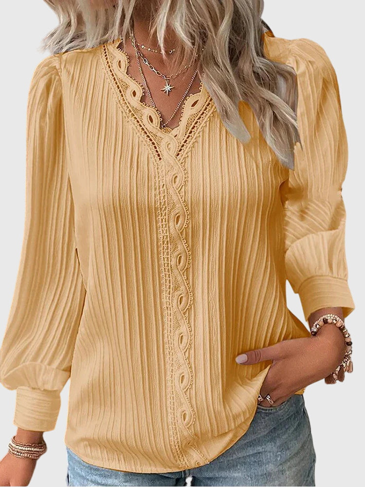 Women's Blouse | Lace Trim V-Neck with Pleated Texture