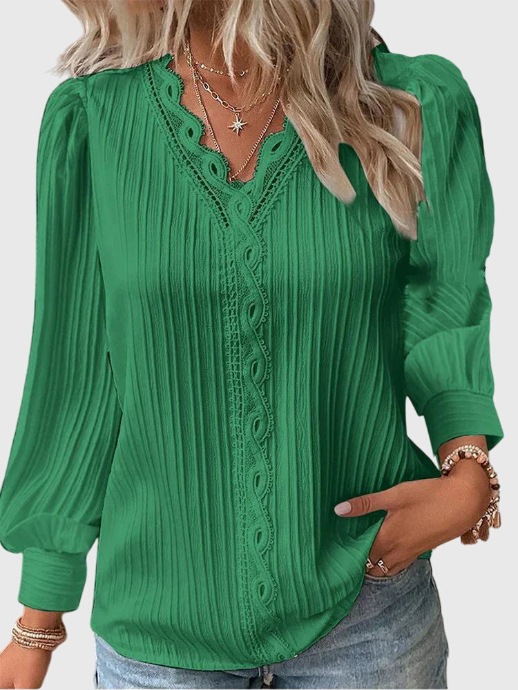 Women's Blouse | Lace Trim V-Neck with Pleated Texture