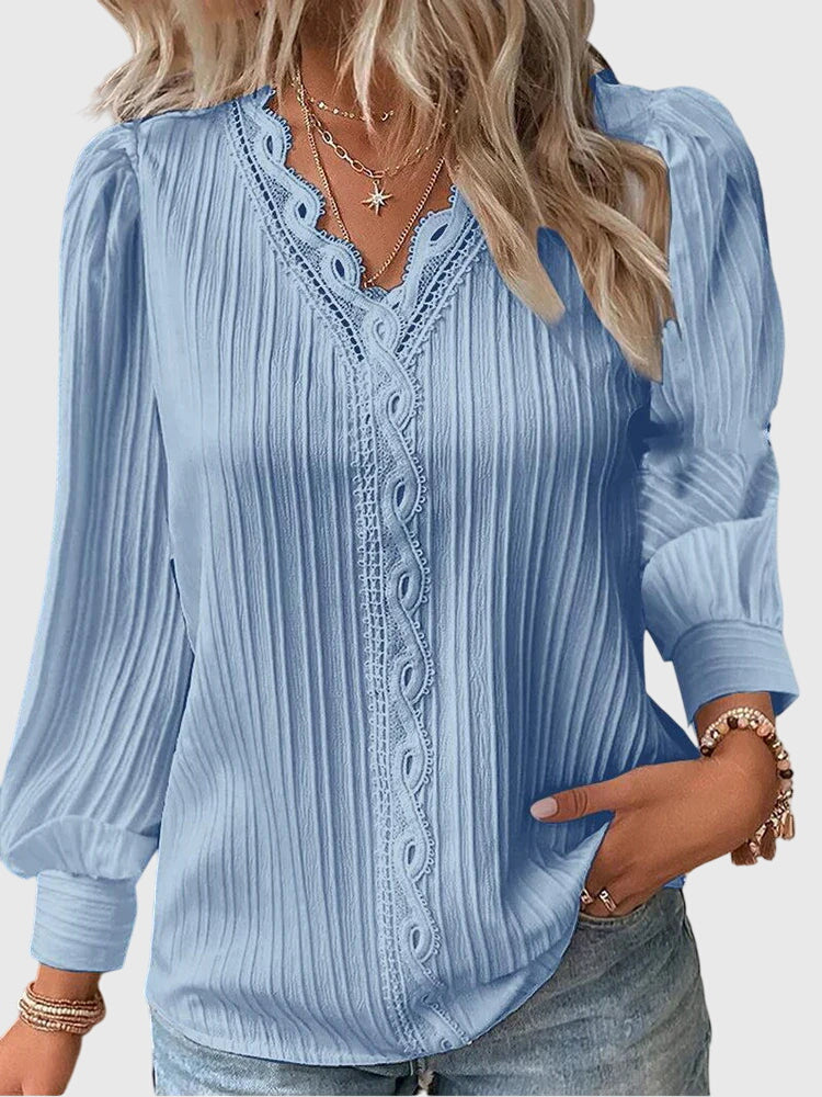 Women's Blouse | Lace Trim V-Neck with Pleated Texture