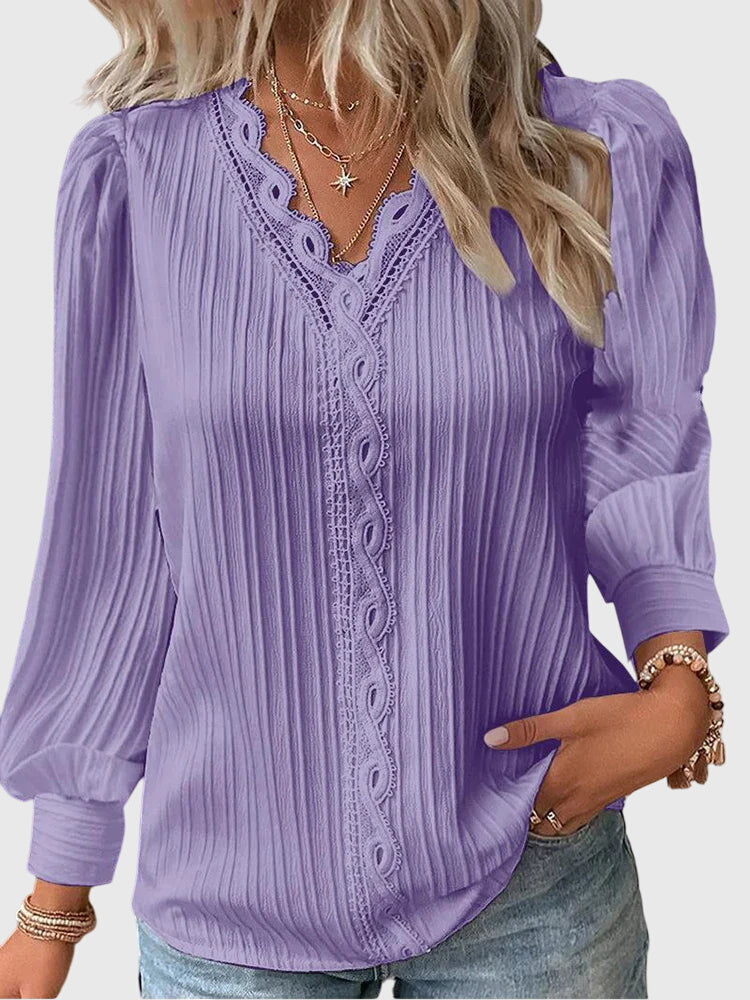 Women's Blouse | Lace Trim V-Neck with Pleated Texture