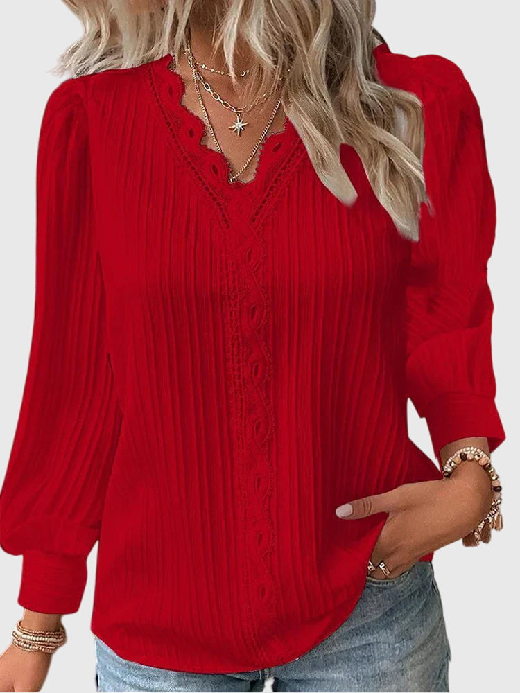 Women's Blouse | Lace Trim V-Neck with Pleated Texture