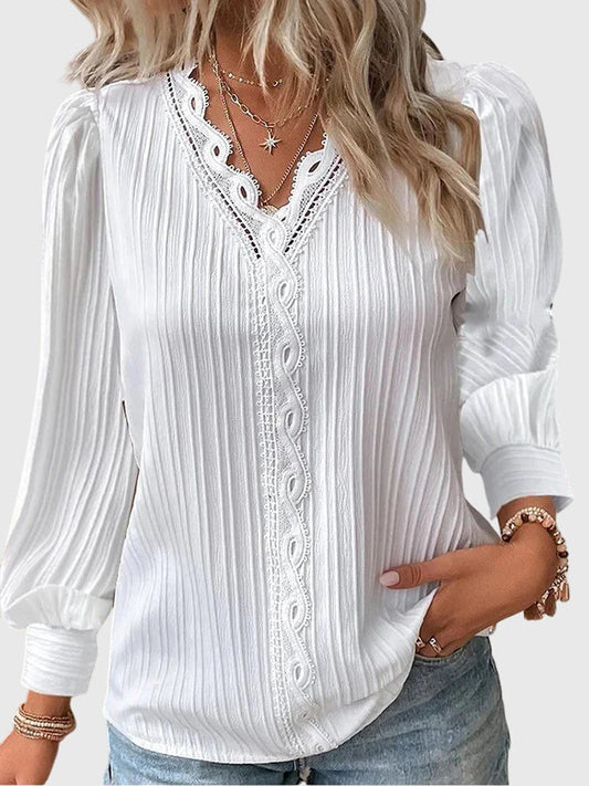 Women's Blouse | Lace Trim V-Neck with Pleated Texture