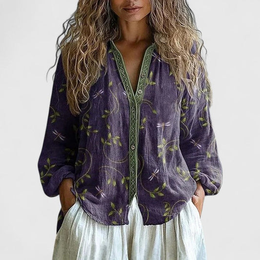 Women's Blouse | Retro Dragonfly Print Button Front Top