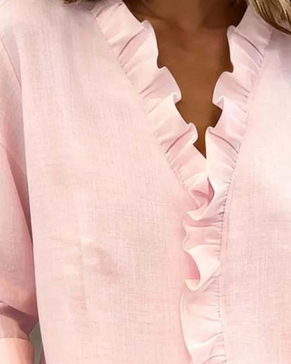 Women's Blouse | Ruffle Trim V-Neck with Turn-Back Cuffs
