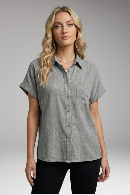 Women's Blouse | Short Sleeve Button-Down with Front Pocket & Relaxed Fit