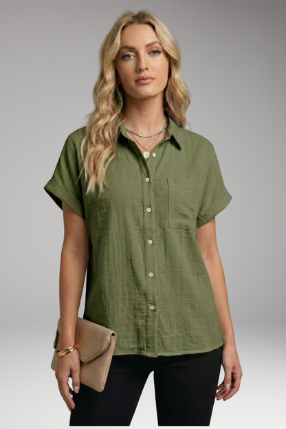 Women's Blouse | Short Sleeve Button-Down with Front Pocket & Relaxed Fit