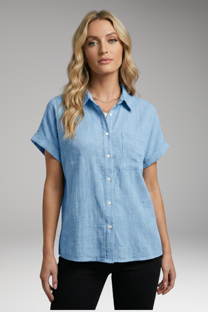 Women's Blouse | Short Sleeve Button-Down with Front Pocket & Relaxed Fit