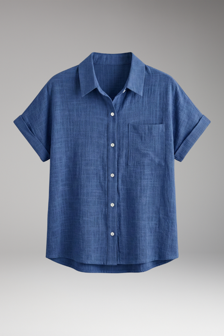 Women's Blouse | Short Sleeve Button-Down with Front Pocket & Relaxed Fit
