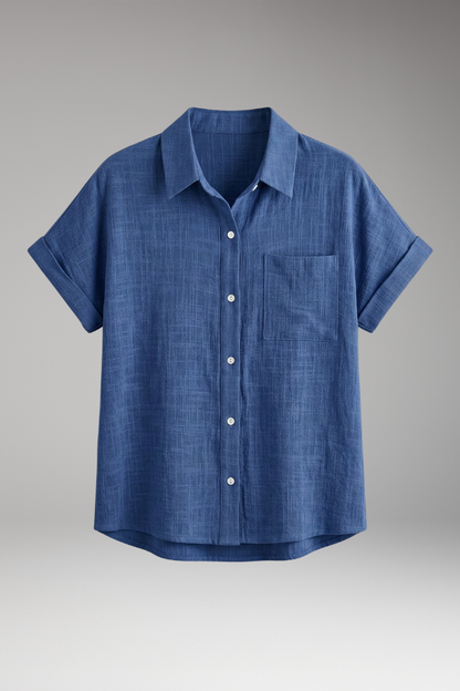 Women's Blouse | Short Sleeve Button-Down with Front Pocket & Relaxed Fit