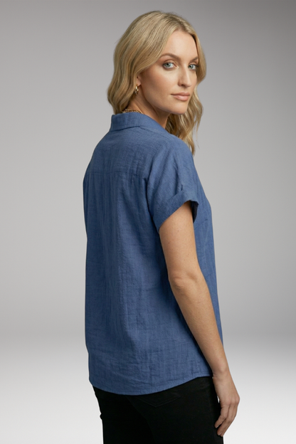 Women's Blouse | Short Sleeve Button-Down with Front Pocket & Relaxed Fit
