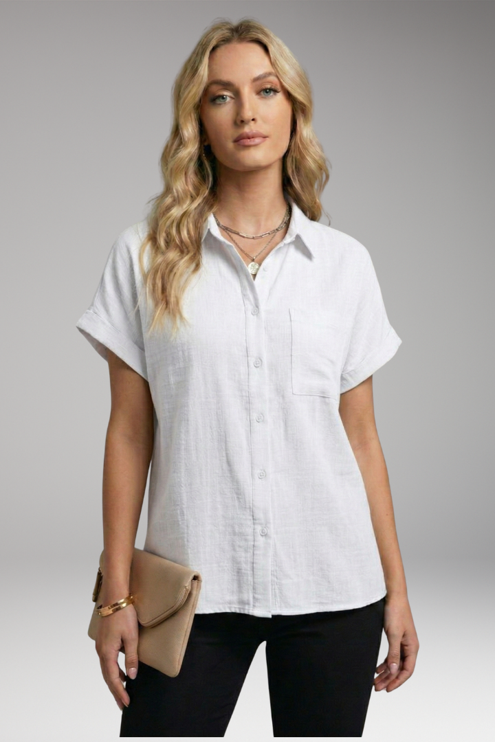 Women's Blouse | Short Sleeve Button-Down with Front Pocket & Relaxed Fit