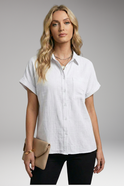 Women's Blouse | Short Sleeve Button-Down with Front Pocket & Relaxed Fit