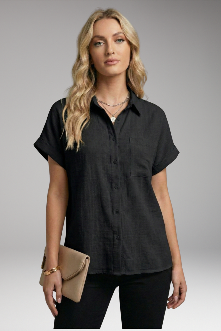 Women's Blouse | Short Sleeve Button-Down with Front Pocket & Relaxed Fit