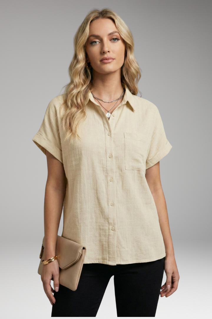Women's Blouse | Short Sleeve Button-Down with Front Pocket & Relaxed Fit