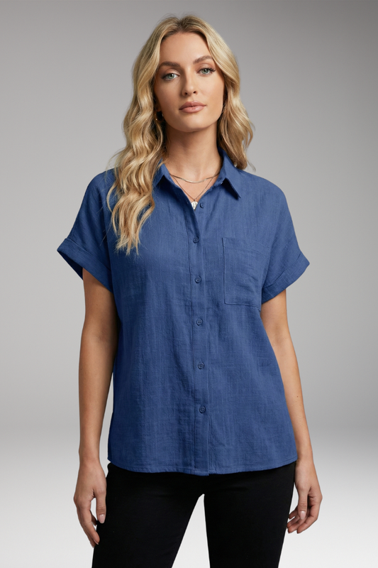 Women's Blouse | Short Sleeve Button-Down with Front Pocket & Relaxed Fit