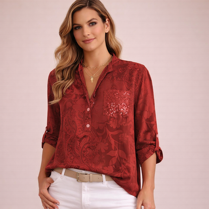 Women's Blouse | Tonal Floral with Roll-Tab Sleeves