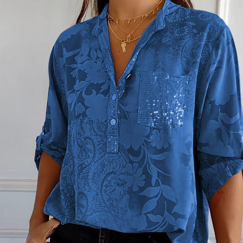 Women's Blouse | Tonal Floral with Roll-Tab Sleeves