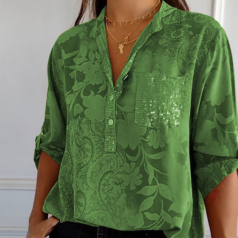 Women's Blouse | Tonal Floral with Roll-Tab Sleeves