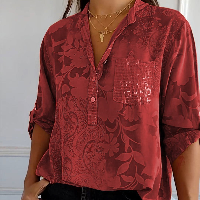 Women's Blouse | Tonal Floral with Roll-Tab Sleeves