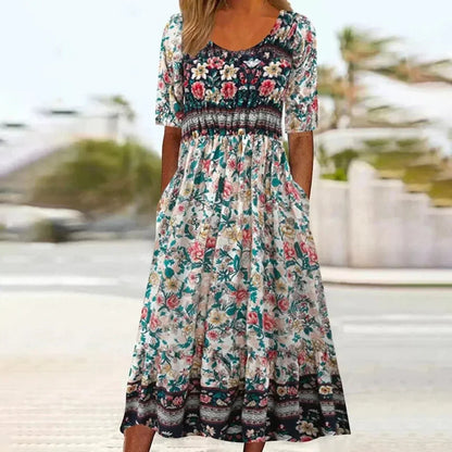 Women's Boho Midi Dress | Vintage Ethnic Print & Relaxed Summer Style