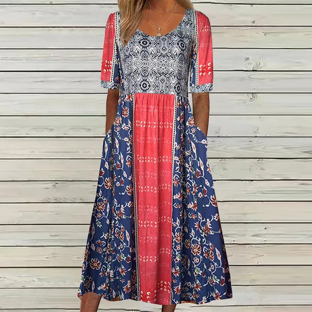 Women's Boho Midi Dress | Vintage Ethnic Print & Relaxed Summer Style