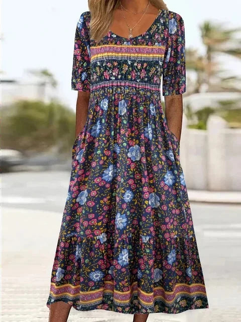 Women's Boho Midi Dress | Vintage Ethnic Print & Relaxed Summer Style