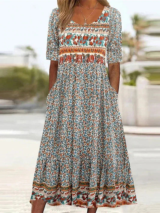 Women's Boho Midi Dress | Vintage Ethnic Print & Relaxed Summer Style