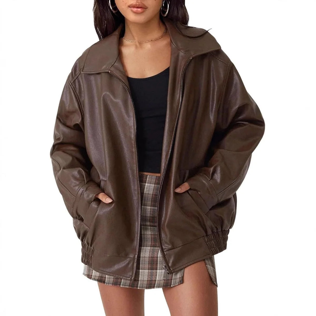 Women's Bomber Jacket | Wide Lapel Collar, Elasticated Hem
