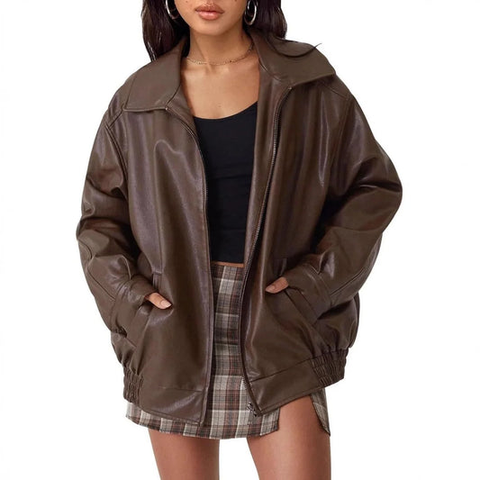Women's Bomber Jacket | Wide Lapel Collar, Elasticated Hem