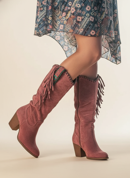 Women's Boots | Knee High Fringe Panel, Stacked Block Heel