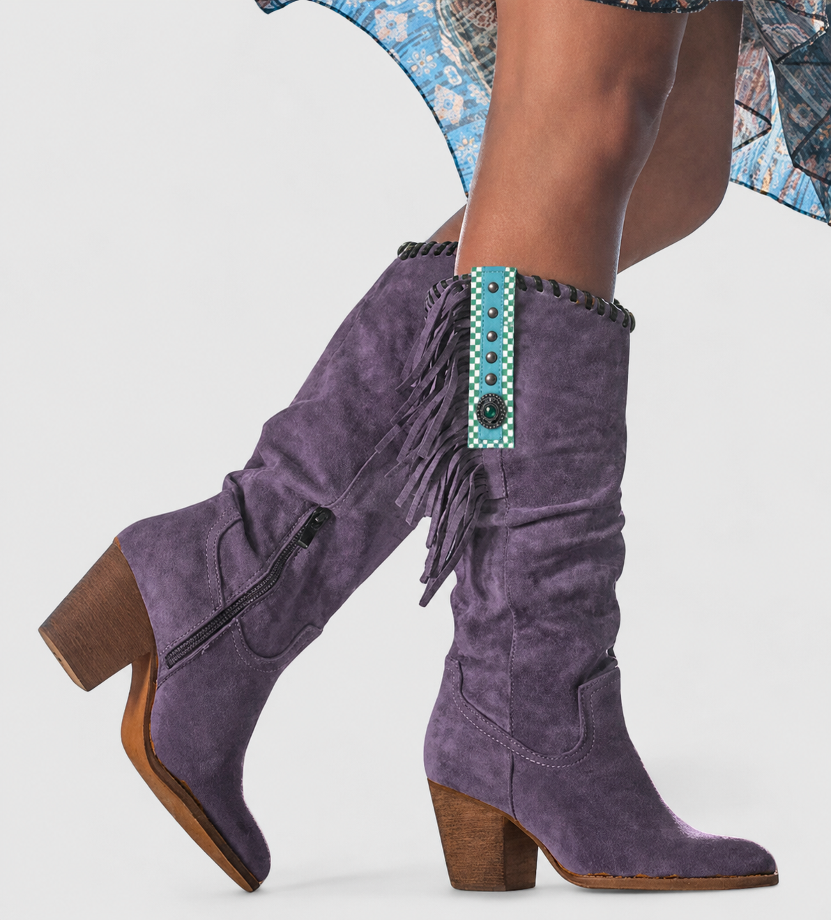Women's Boots | Knee High Fringe Panel, Stacked Block Heel
