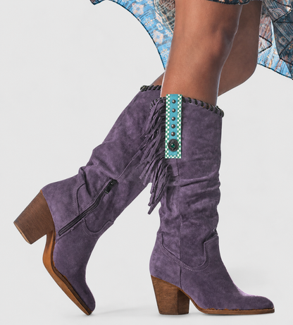 Women's Boots | Knee High Fringe Panel, Stacked Block Heel
