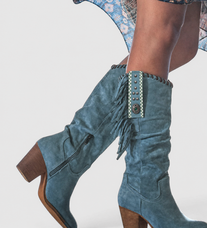 Women's Boots | Knee High Fringe Panel, Stacked Block Heel