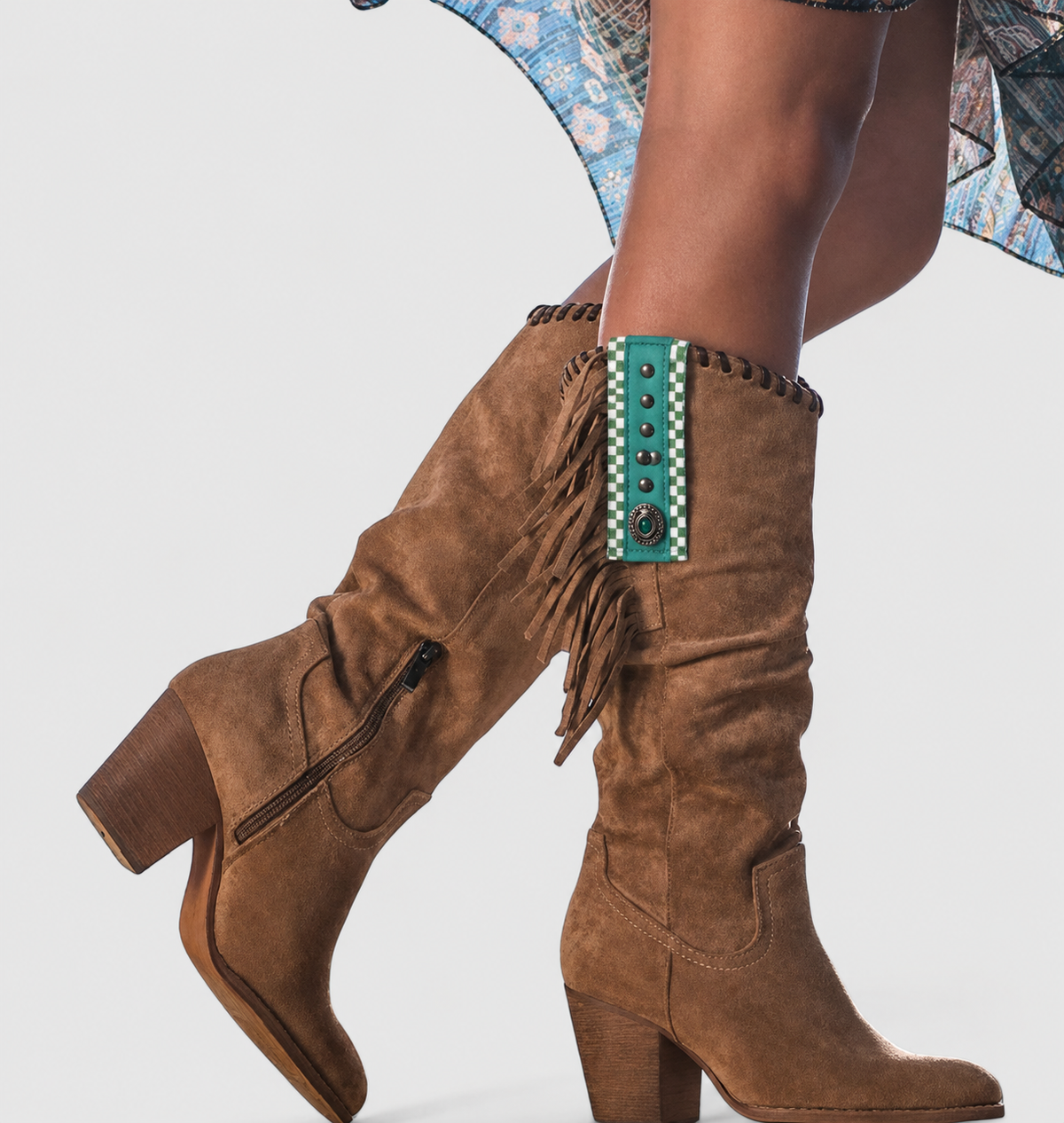 Women's Boots | Knee High Fringe Panel, Stacked Block Heel