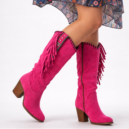 Women's Boots | Knee High Fringe Panel, Stacked Block Heel