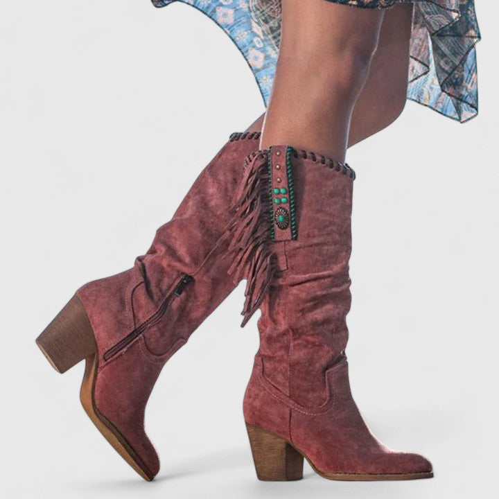 Women's Boots | Knee High Fringe Panel, Stacked Block Heel
