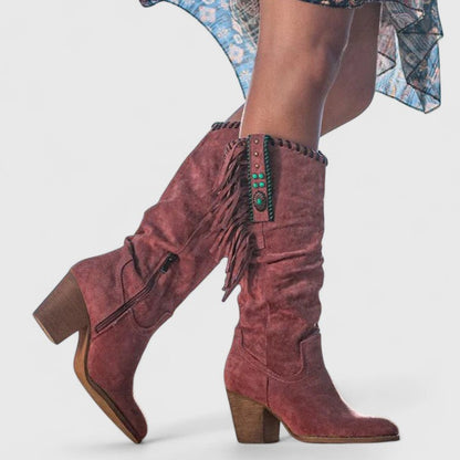Women's Boots | Knee High Fringe Panel, Stacked Block Heel