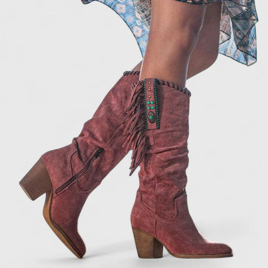 Women's Boots | Knee High Fringe Panel, Stacked Block Heel