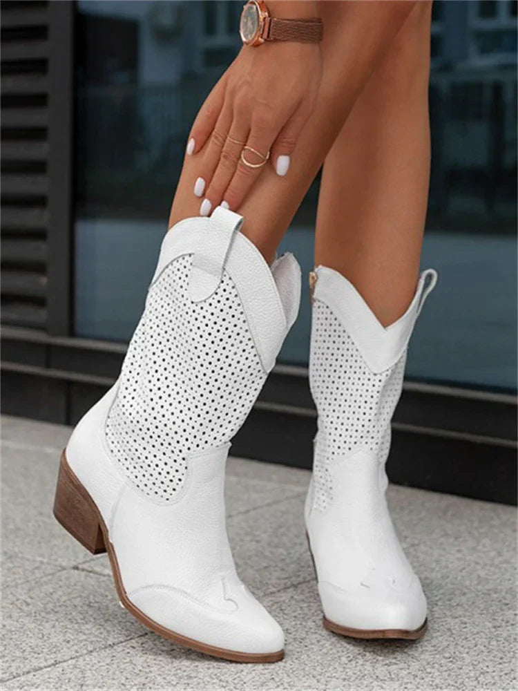 Women's Boots | Perforated Mid Calf Panel, Contrast Block Heel
