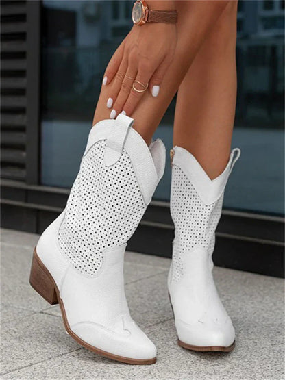 Women's Boots | Perforated Mid Calf Panel, Contrast Block Heel