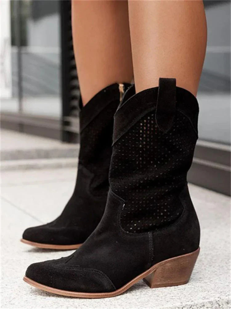 Women's Boots | Perforated Mid Calf Panel, Contrast Block Heel